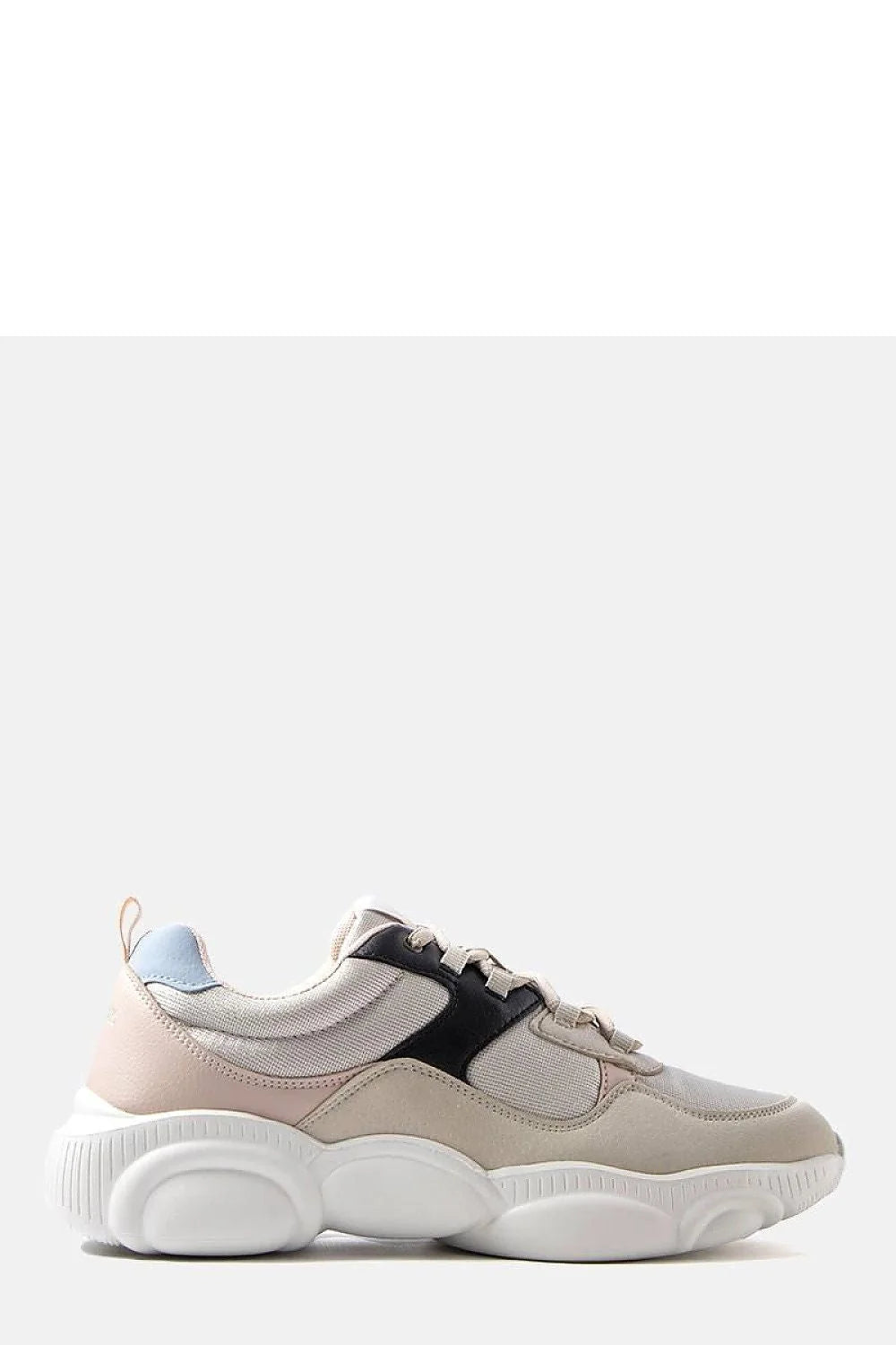 baskets chunky femme sneakers tige mixte mesh beige clair suède synthétique rose poudré insert noir col bleu ciel