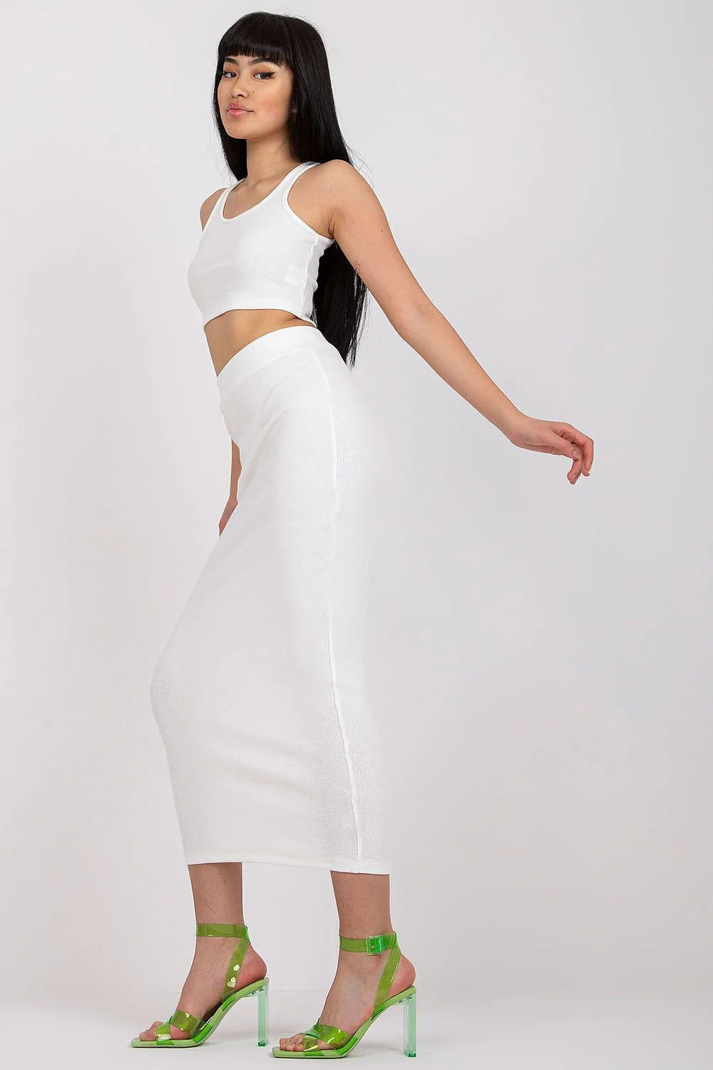 Ensemble femme crop top sans manches jupe longue taille haute tissu rayures coton élasthanne confort style minimaliste