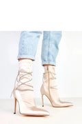 bottines femme satin rose poudré talon aiguille 12cm stiletto tige 21cm bout pointu lacets zircon incrustés fermeture éclair