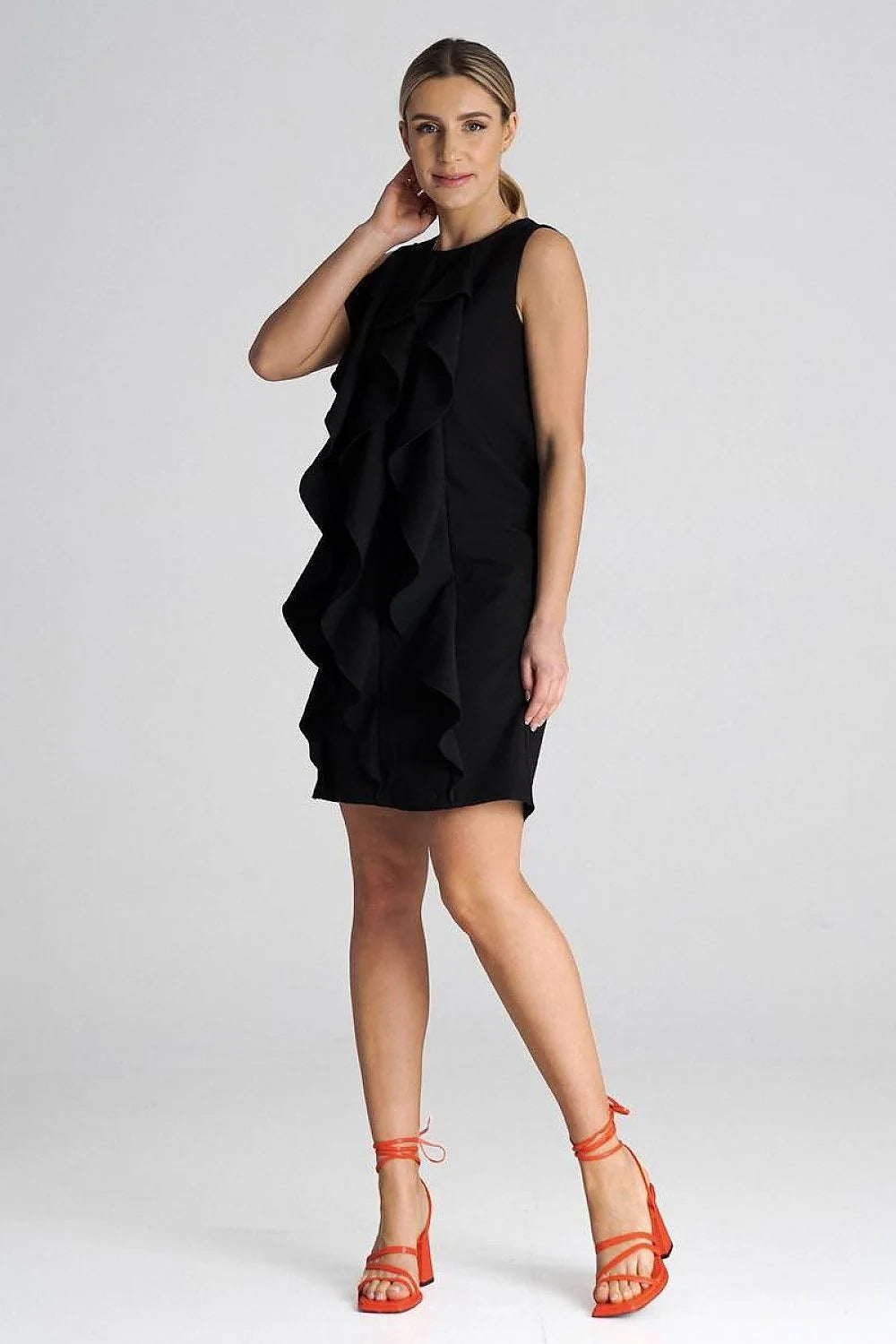 Robe de cocktail élégante sans manches volants verticaux noir profond polyester viscose taille ajustable femme