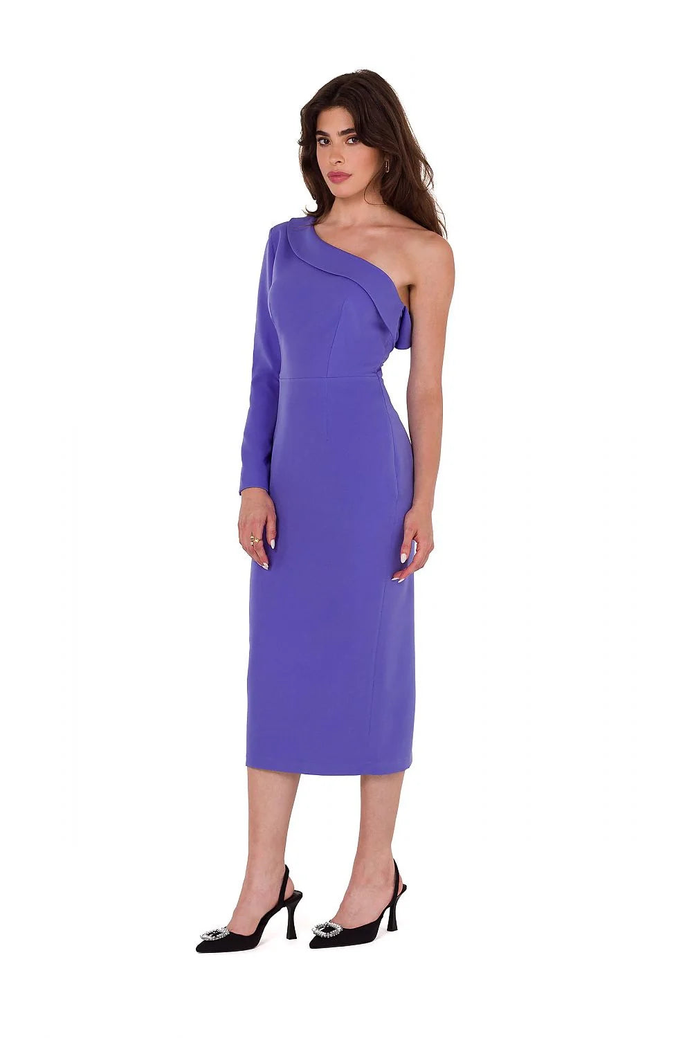 Robe de soirée asymétrique épaule nue manche longue couleur violette tissu de qualité femmes taille ajustée occasion spéciale