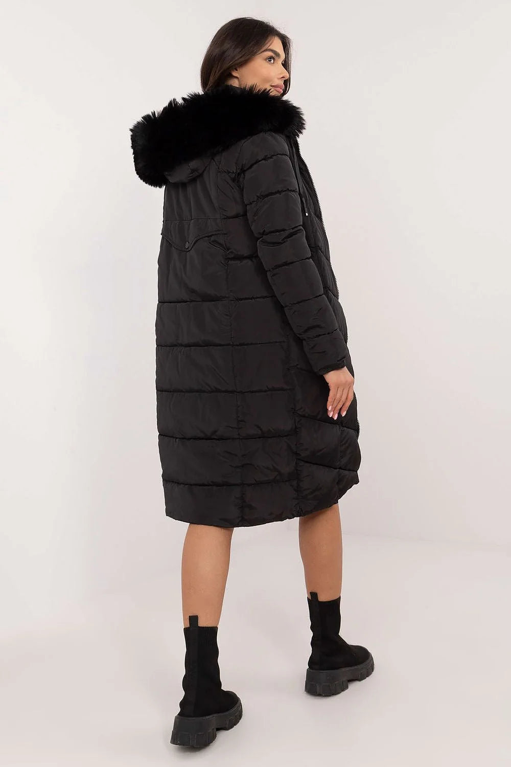 Manteau d'hiver pour femme long col fourrure synthétique capuche amovible style moderne couleur noire