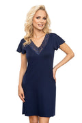 Chemise de nuit élégante pour femme en dentelle bleu marine manches courtes encolure en V