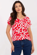 Chemisier féminin motif floral audacieux manches courtes coupe ample tissu léger respirant couleur rouge vif blanc femme