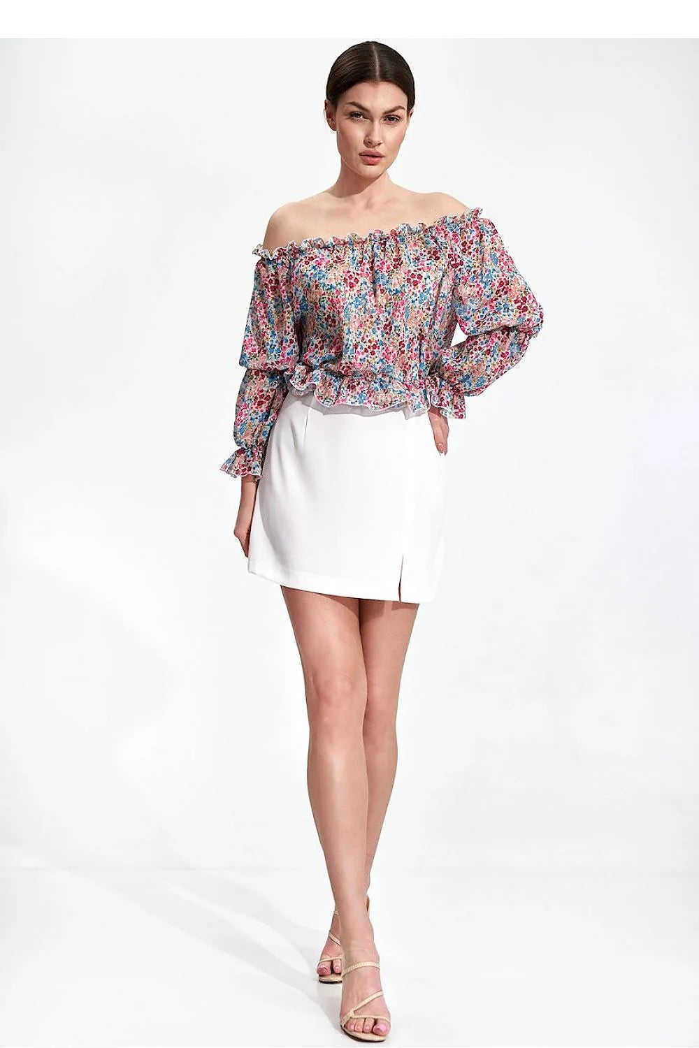 Jupe courte rosé vif polyester élasthanne imprimé floral moderne cache-cœur manches longues ceinture ajustée soirée événements