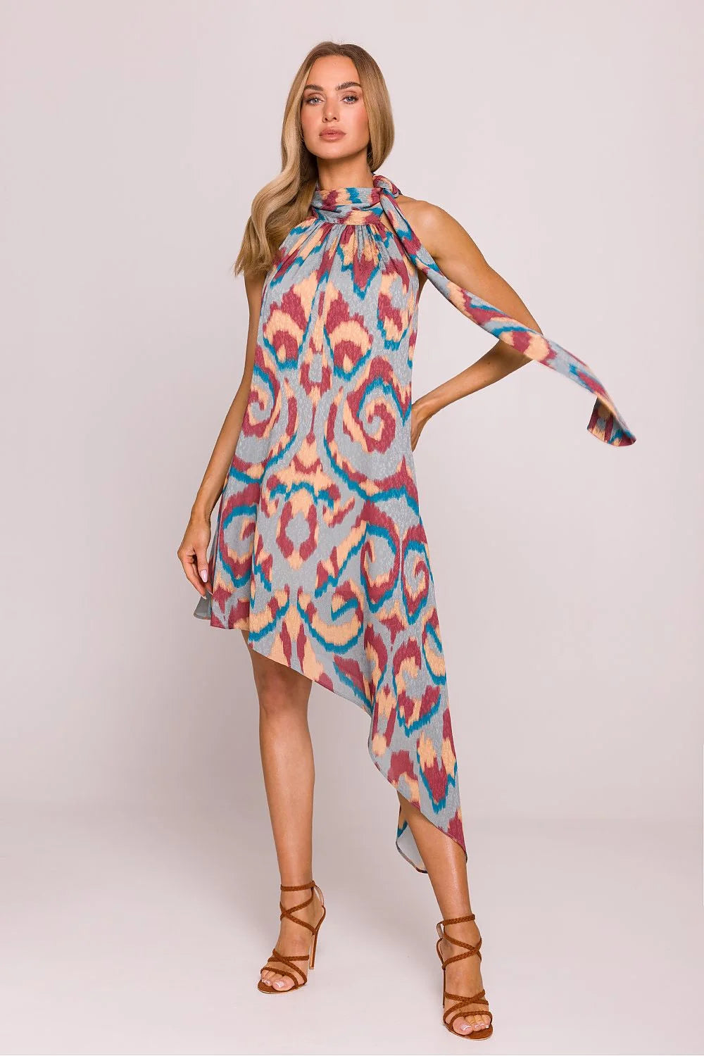Robe de jour Moe asymétrique multicolore tissu jacquard légère sans manches col montant noué femme été soirée