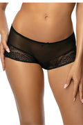 Sous-vêtement féminin shorty dentelle noir tissu transparent maille fine nœud décoratif élégance lingerie moderne taille basse femme