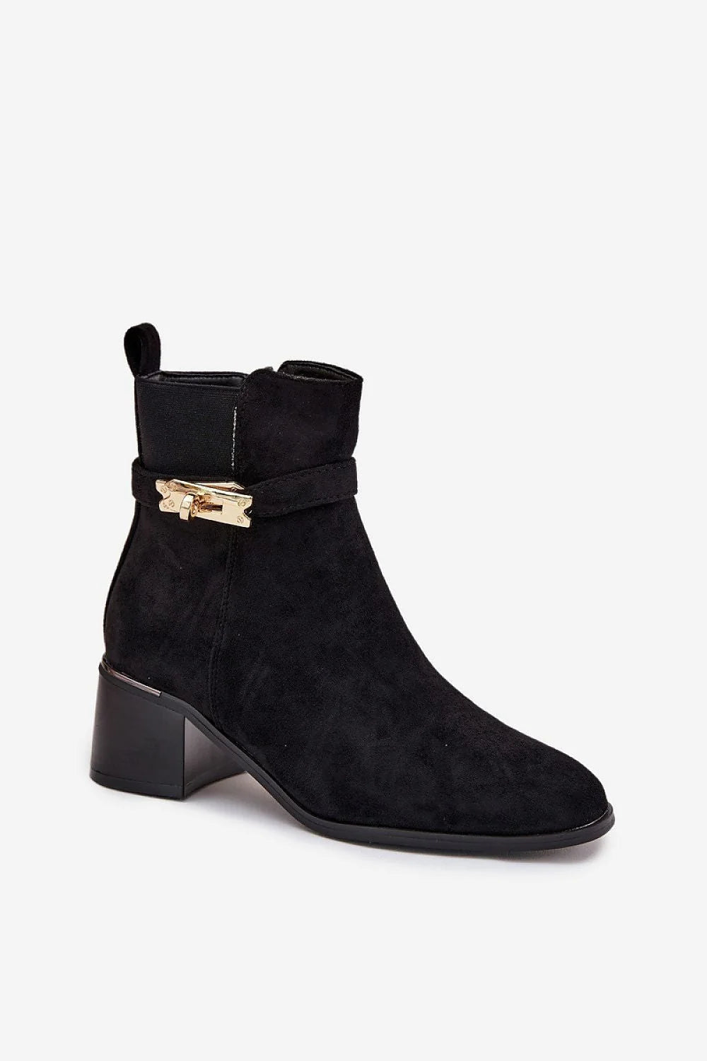 bottines femme suédine écologique cheville talon bloc confortable doublure polaire bout arrondi bride dorée fermeture éclair semelle antidérapante