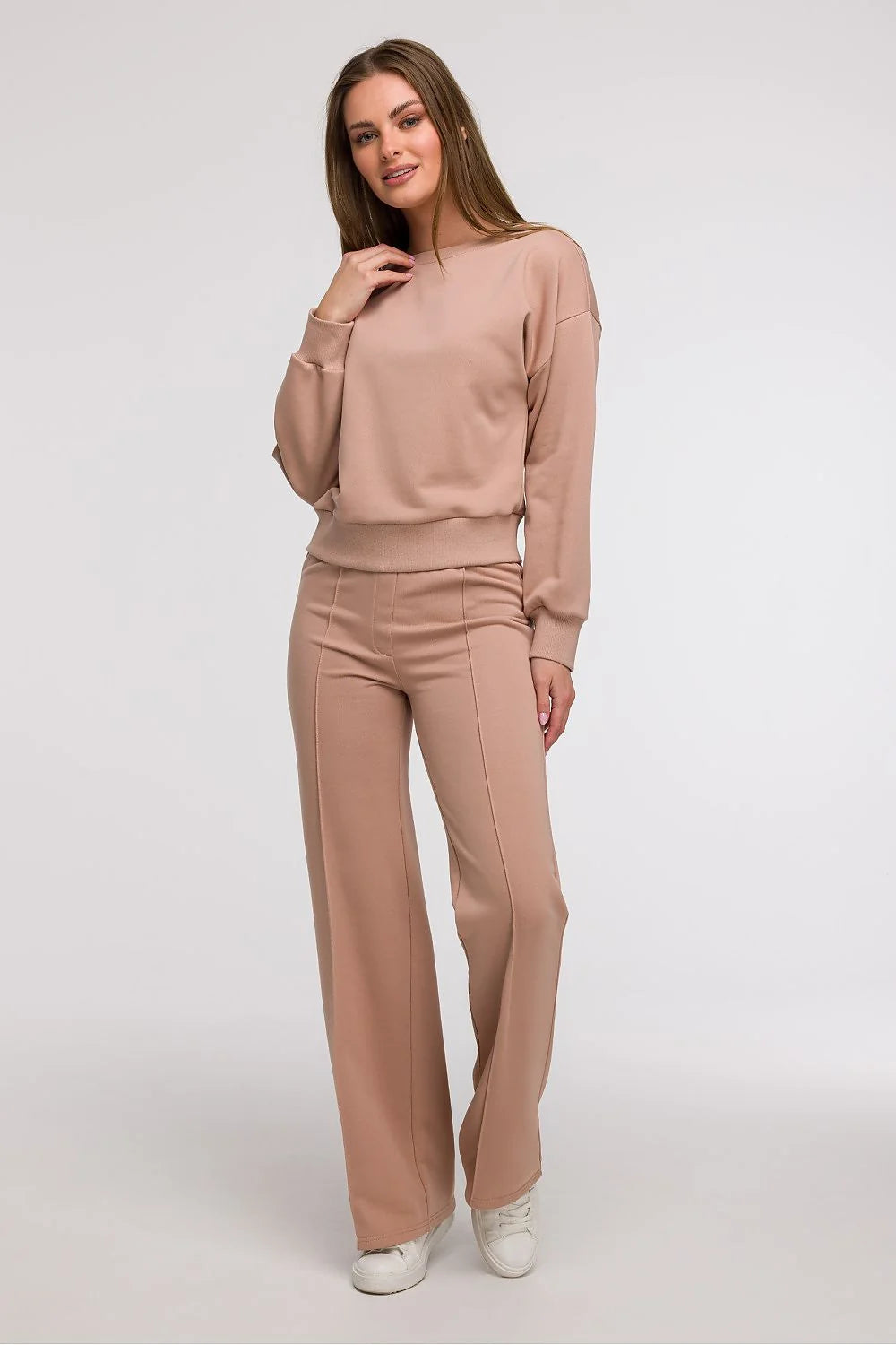 ensemble BeWear sweatshirt pantalon femme urban casual beige clair coton mélange coupe ample épaules tombantes col bateau