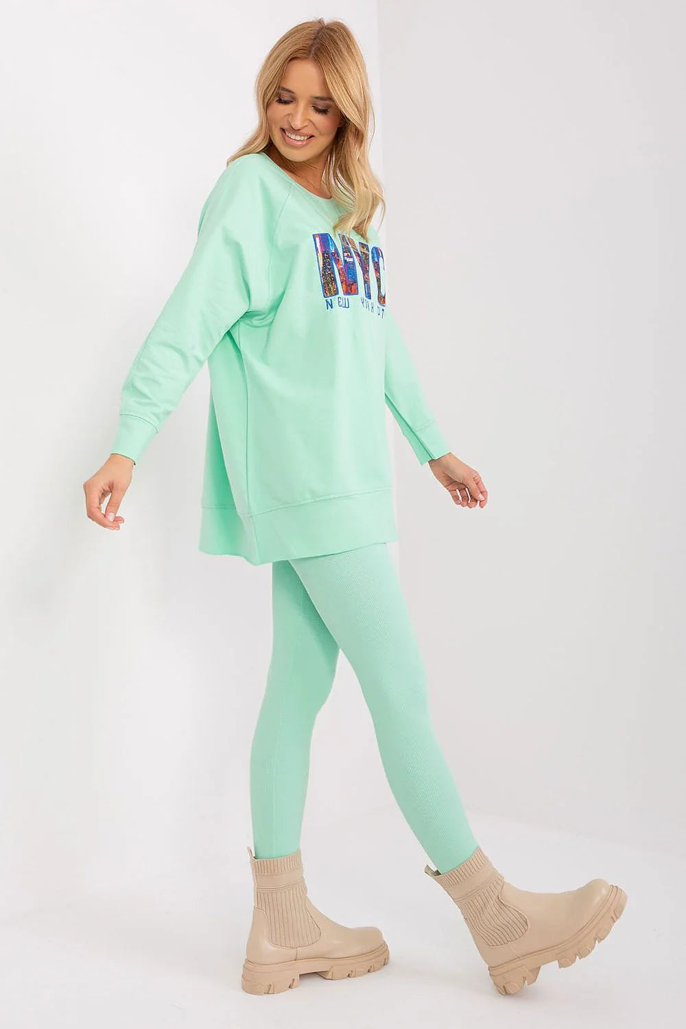 Ensemble femme pull ample legging assorti vert menthe design urbain NYC manches longues taille haute confort