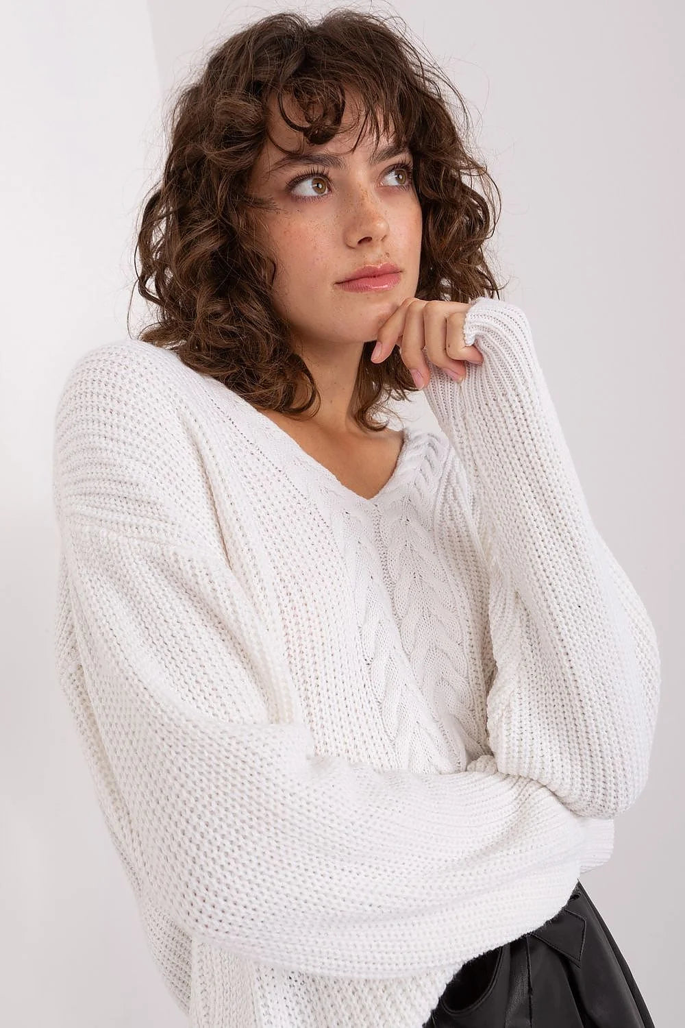 Pull pour femme élégant tricot texture variée encolure V manches longues côtelées couleur blanche polyvalent mode féminin