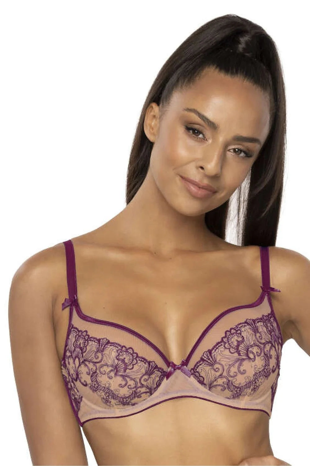 Soutien-gorge élégant balconnet dentelle floral violet tulle coton doux confort ajustable femmes