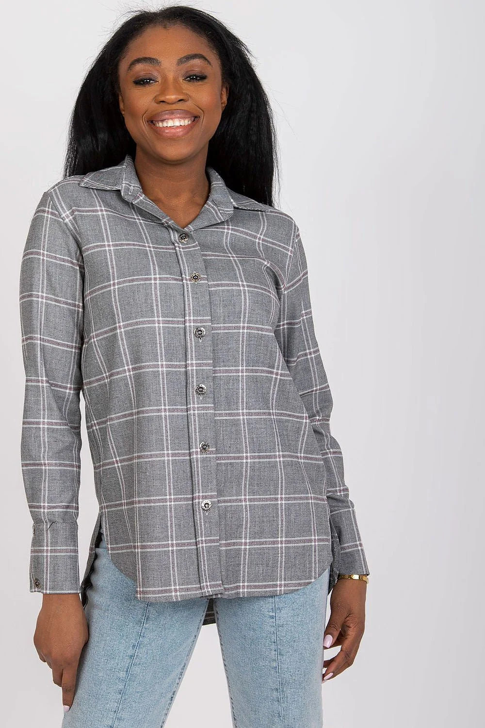 Chemise manche longue Lakerta élégante classique intemporelle carreaux rose blanc gris coton élasthanne viscose femmes