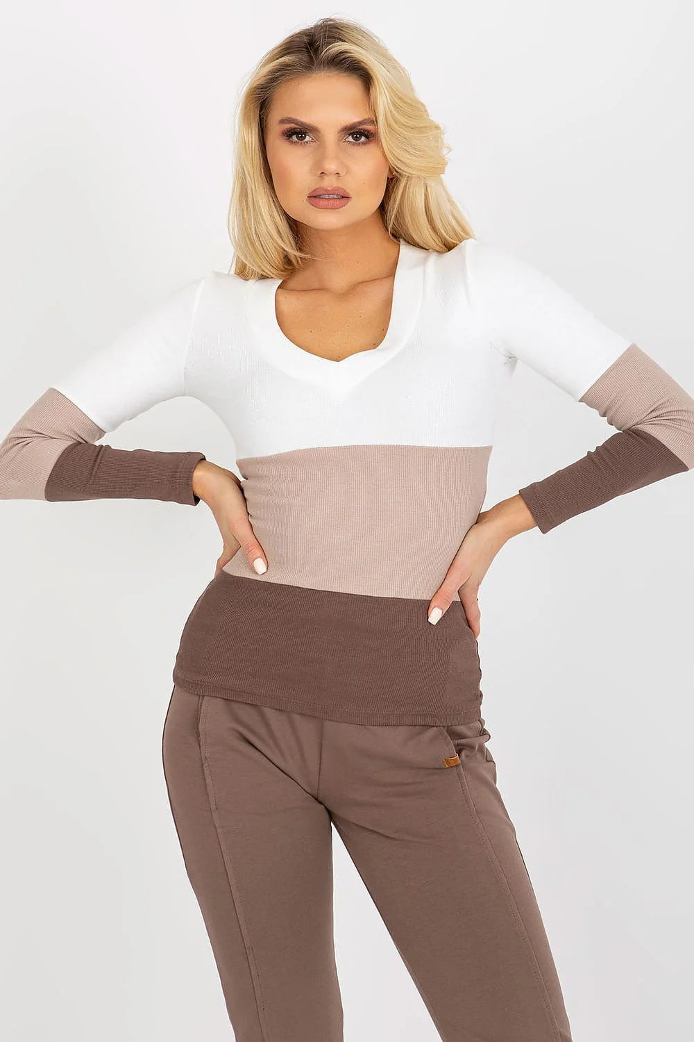 Ensemble blouse et pantalon pour femme modern style élégant longues manches col V tissu côtelé stretch taille élastique occasion versatile