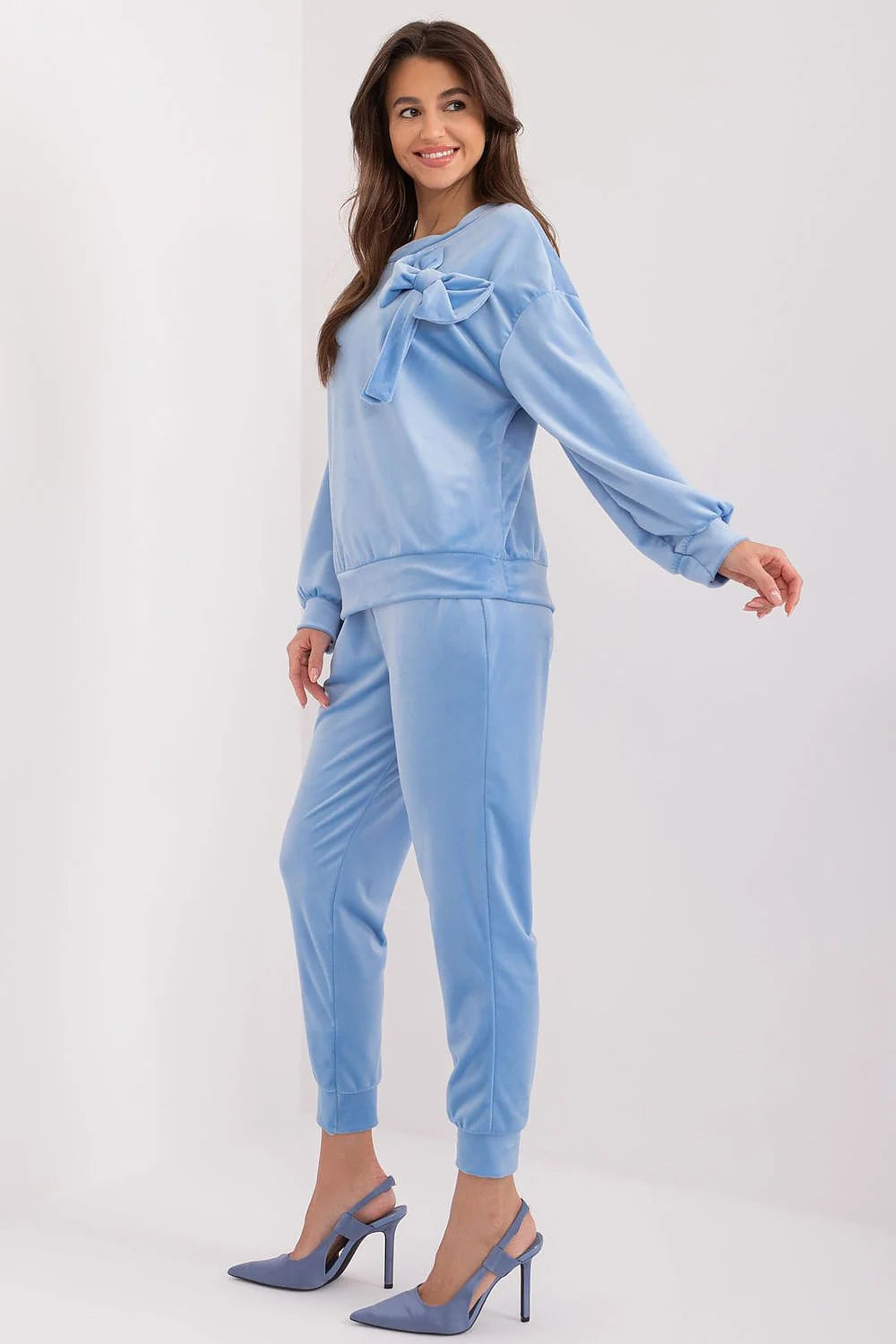 Ensemble Italy Moda velours bleu pastel coupé ample pantalon côtelé nœud épaule décontracté chic femme