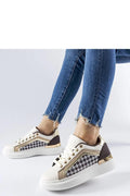 Baskets modernes en cuir synthétique motif pied-de-poule doré beige plateforme talon compensé confortable femme