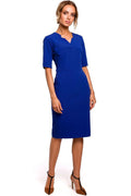 robe fourreau midi bleu royal ajustée structurée taille marquée encolure V manches mi longues tissu polyester viscose elasthanne maintien élégant