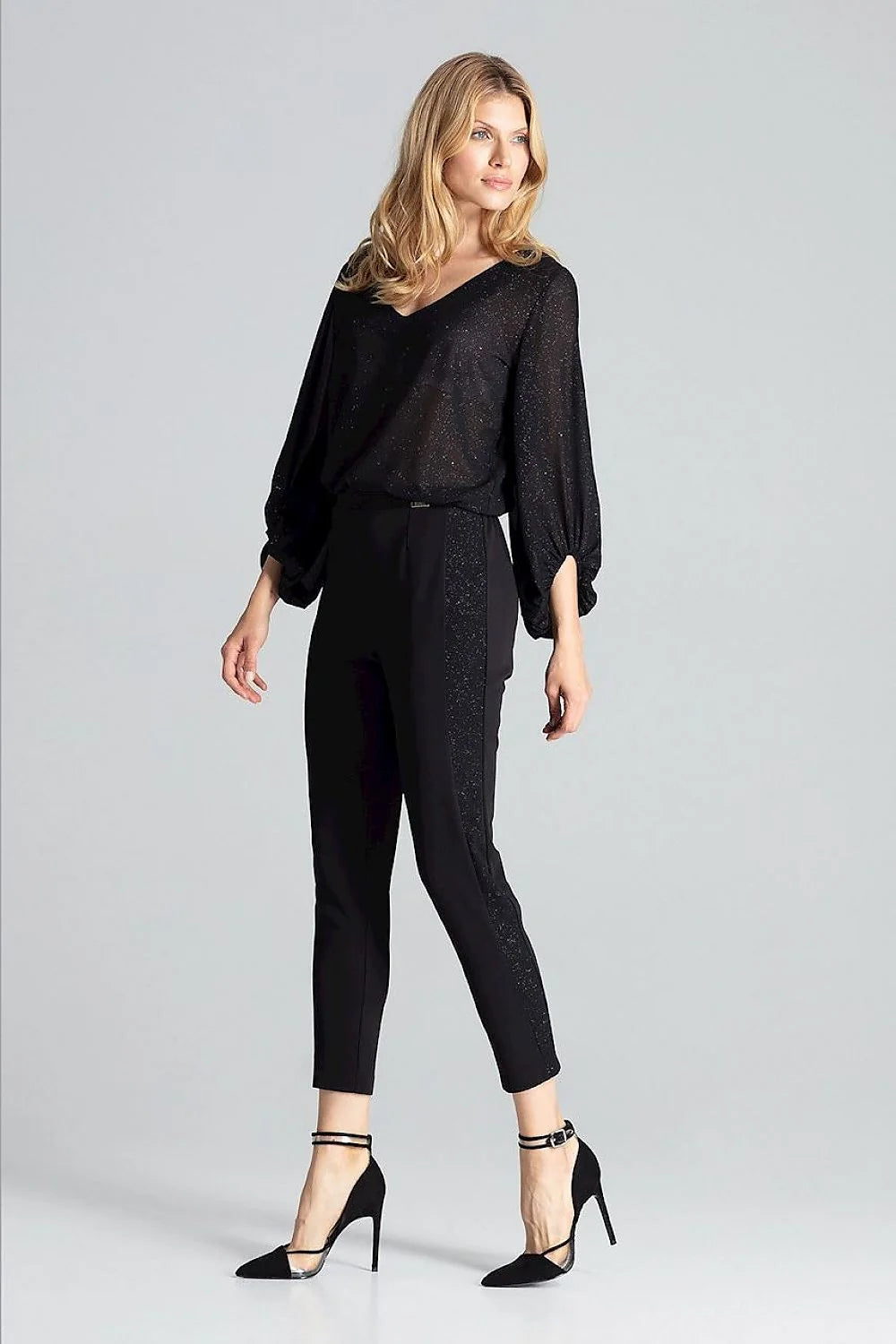 Pantalon femme noir brocart taille haute élasthanne polyester élégant fuselé semi-formel chic et confortable