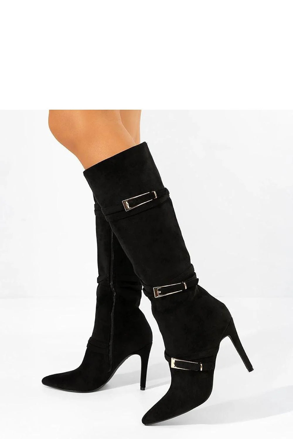 bottes hautes noires effet daim talon aiguille bout pointu silhouette fuselée élégante brides boucles dorées zippée latérale confort luxueuses Gemre