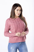 Pull femme tricot torsadé rose poudré élégant col rond ajusté mode automne confort casual