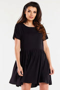 Robe de jour élégante en viscose noire coupe ample manches courtes col rond ourlet asymétrique femme
