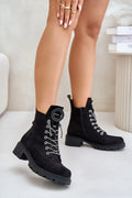 Bottines pour femmes design moderne audacieux couleur noire texture veloutée matériau similicuir semelle caoutchouc noir talon plat doublure couvre-chau
