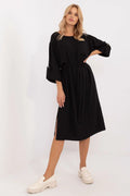 robe midi noire élégante coton viscose elasthanne fluide texturé coupe droite col rond manches trois quarts retroussables ceinture poche poitrine
