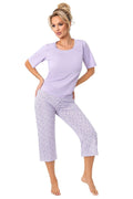 pyjama femme élégant confortable manches courtes col rond dentelle motif floral violet lavande jersey doux capri taille élastique