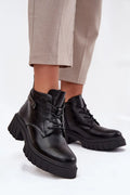 bottines femme Jezzi cuir écologique noir lisse tige montante bout arrondi semelle plateforme crantée talon bloc laçage fermeture