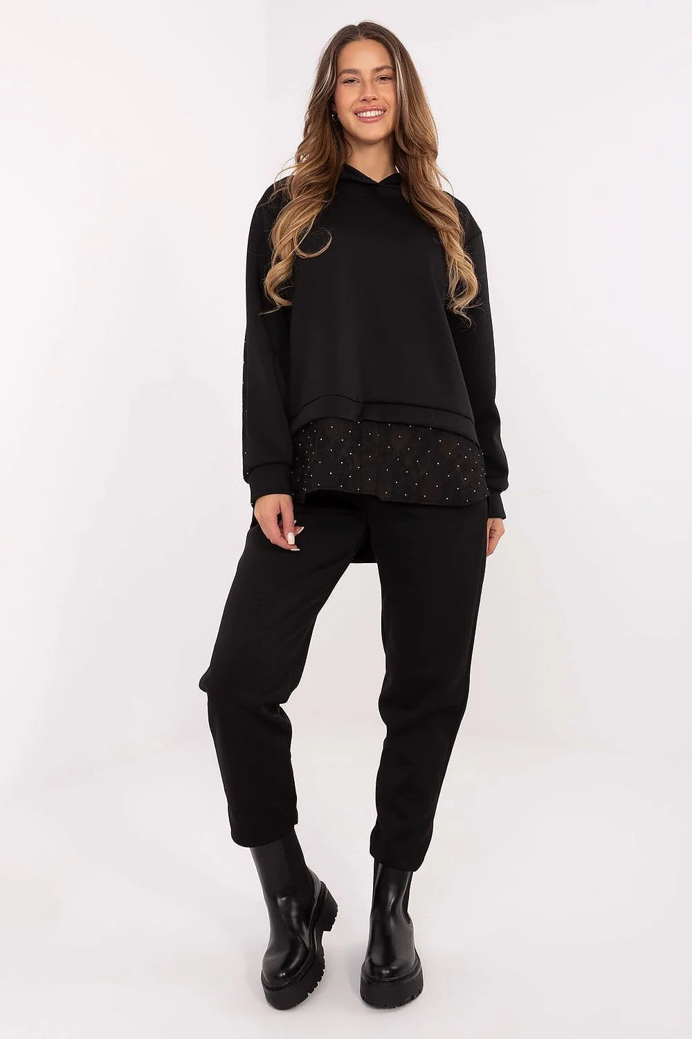 ensemble sweat capuche oversize jogger noir casual chic molleton doux strass tulle pois dentelle taille élastique poches latérales