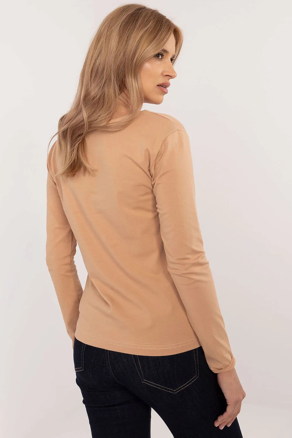 T-shirt femme longues manches moderneinscription Glamourcoton élasthanne beige