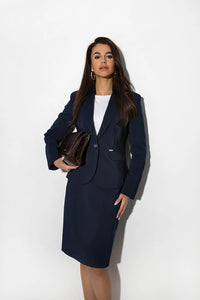 jupe crayon bleu marine tailleur femme professionnelle ajustée cintrée genou zippée structurée stretch coton élasthanne nylon