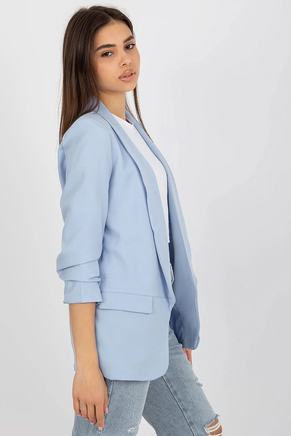 Veste blazer femme chic style italien polyester 95% elasthanne 5% bleu ciel coupe droite col revers poches à rabat décontractée occasionnels