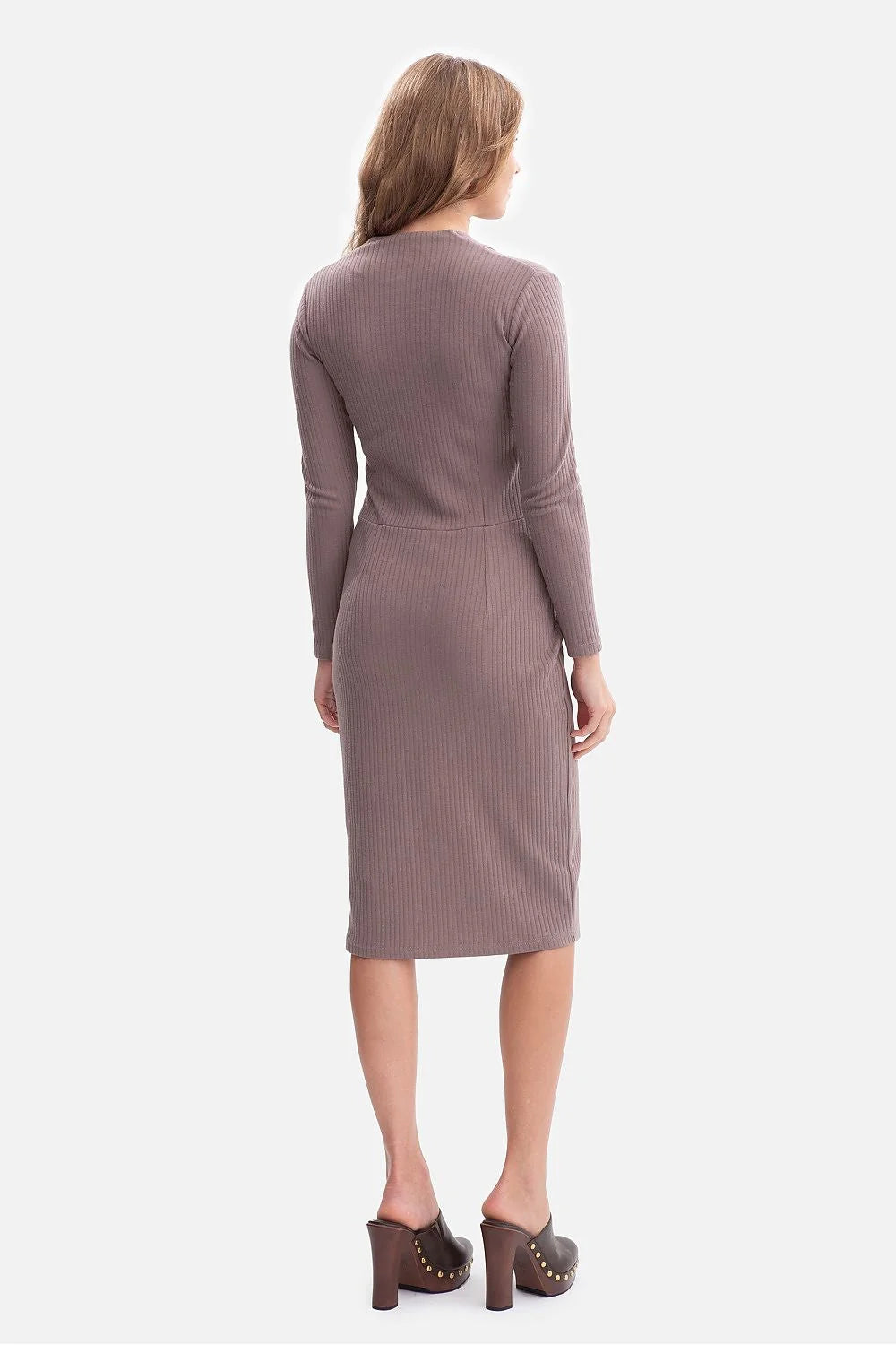 robe midi côtelée mauve poudrée fourreau ajustée encolure V manches longues fente frontale genou taille marquée tissu extensible coton élasthanne