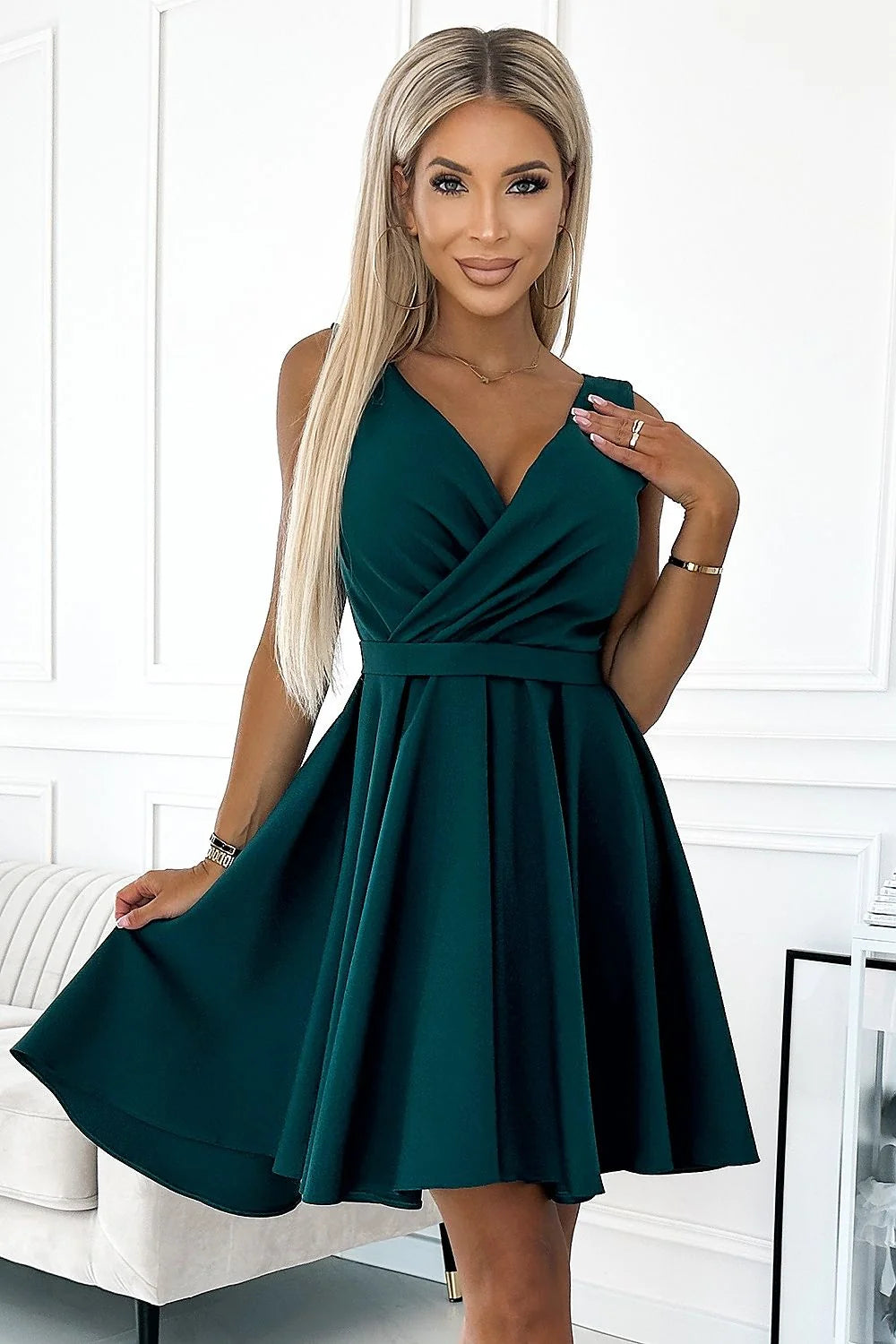 Robe de cocktail asymétrique vert émeraude Numoco dos long encolure V ceinture ajustable femmes taille S M L XL XS