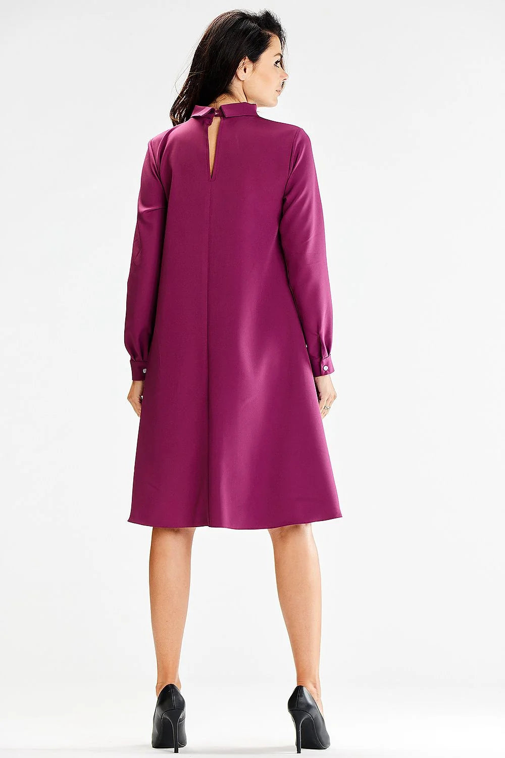 Robe élégante pour femme en polyester élasthanne couleur magenta longueur midi manches longues col dolman moderne occasion semi-formelle