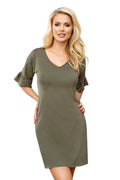 robe viscose olive féminine casual encolureV manches courtes volants taille ajustable jersey extensible fluide douce respirante finition soignée coupe droite