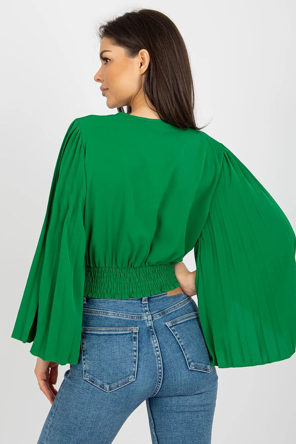 Chemisier féminin élégant encolure V profonde manches longues pleatées élastique à la taille couleur verte vif polyester 95 elasthanne 5 femme
