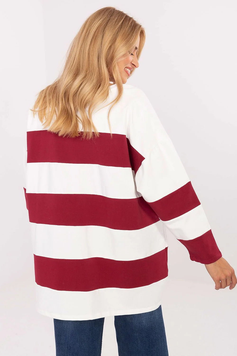 sweatshirt femme oversize tunique manches longues épaules tombantes encolure ronde rayures horizontales blanc bordeaux maille souple jersey coton élasthanne