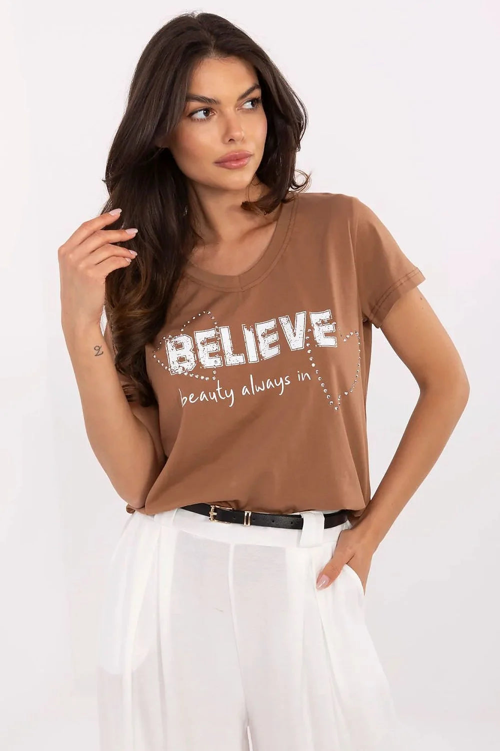 T-shirt femme mode casual BELIEVE beauty always in strass coton élasthanne coupe droite manches courtes décolleté rond