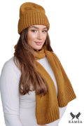 Bonnet et écharpe côtelés moutarde pour femmes, style classique, matériau doux, accessoire hiver élégant, coupe ajustée, finitions parfaites