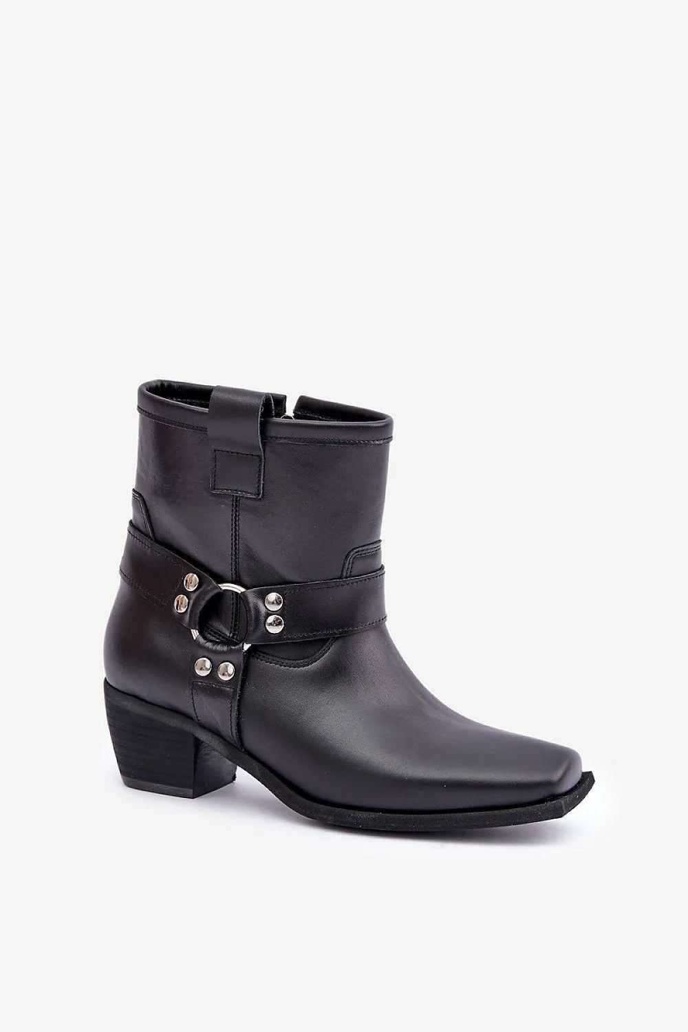 bottines cuir noir talon carré bas bout pointu style biker western boucle rivets éclair latérale semelle antidérapante chic
