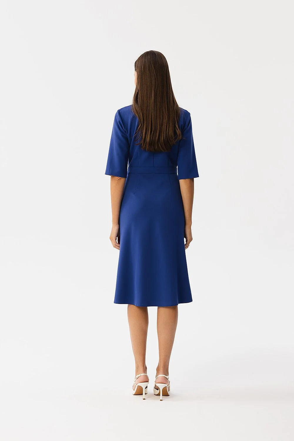 Robe de jour élégante bleu vif en V manches coudées silhouette A taille cintrée femme occasion semi-formelle