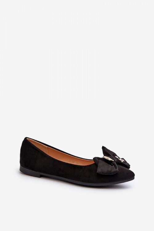ballerines suédine écologique noire pointue nœud satiné bijou doré semelle plate talon bas slipon confortable chic décontracté bureau habillé raffiné