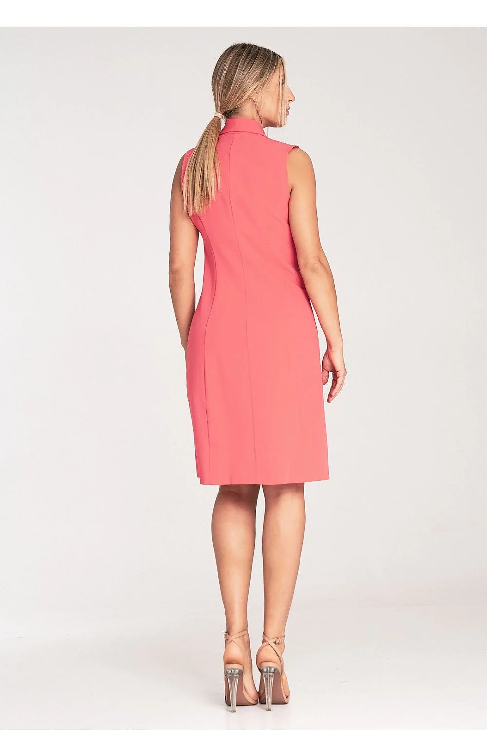 Robe de jour élégante sans manches corail col châle double boutonnage Polyester Viscose femme mode
