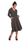 Robe de jour féminine élégante en coton élasthanne coupe A manches longues col drapé poches latérales