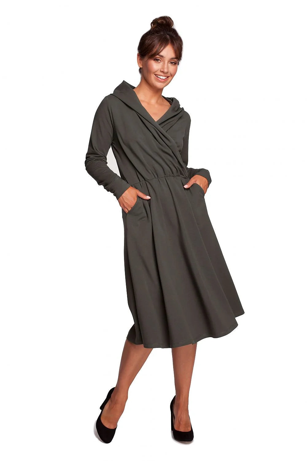 Robe de jour féminine élégante en coton élasthanne coupe A manches longues col drapé poches latérales