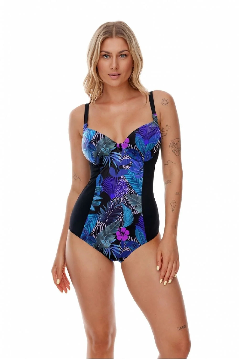 Maillot de bain une pièce pour femme style tropical imprimé floral vibrant noir panneaux latéraux ajustables bretelles maintien excellent plage piscine