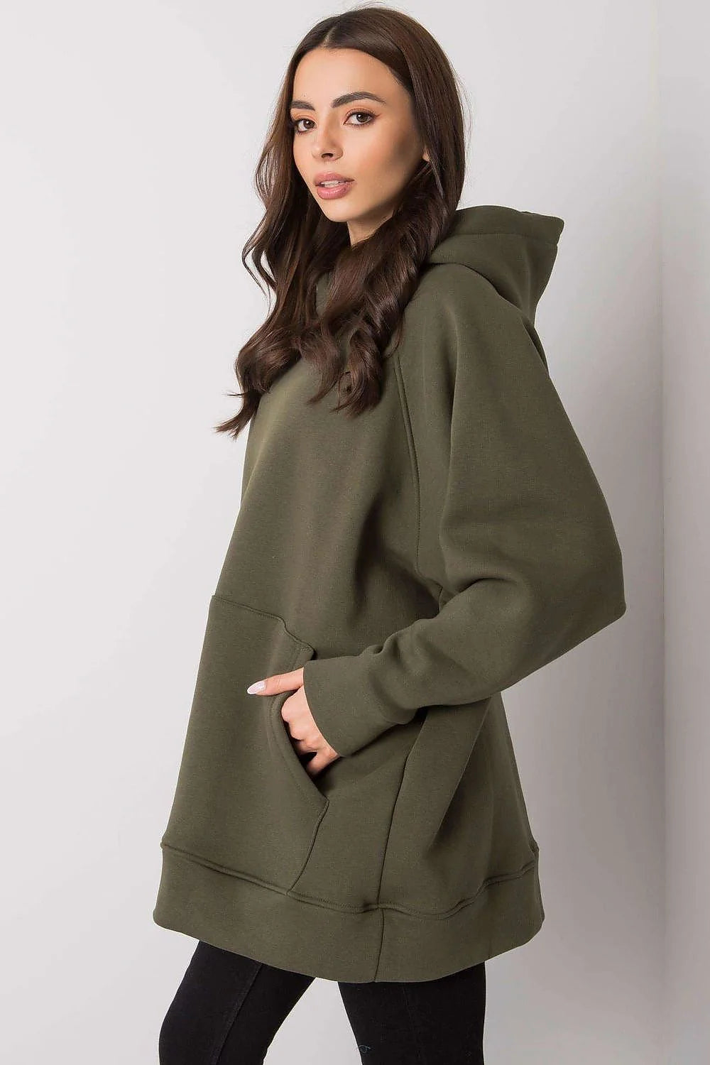 Sweat à capuche femme coton élasthanne vert olive confortable décontracté poche kangourou longue manche