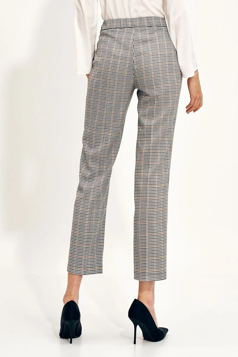 pantalon femme slim cigarette tailleur microcarreaux noir blanc beige taille mihaute cheville fuselé structuré elastique poches plates élégant